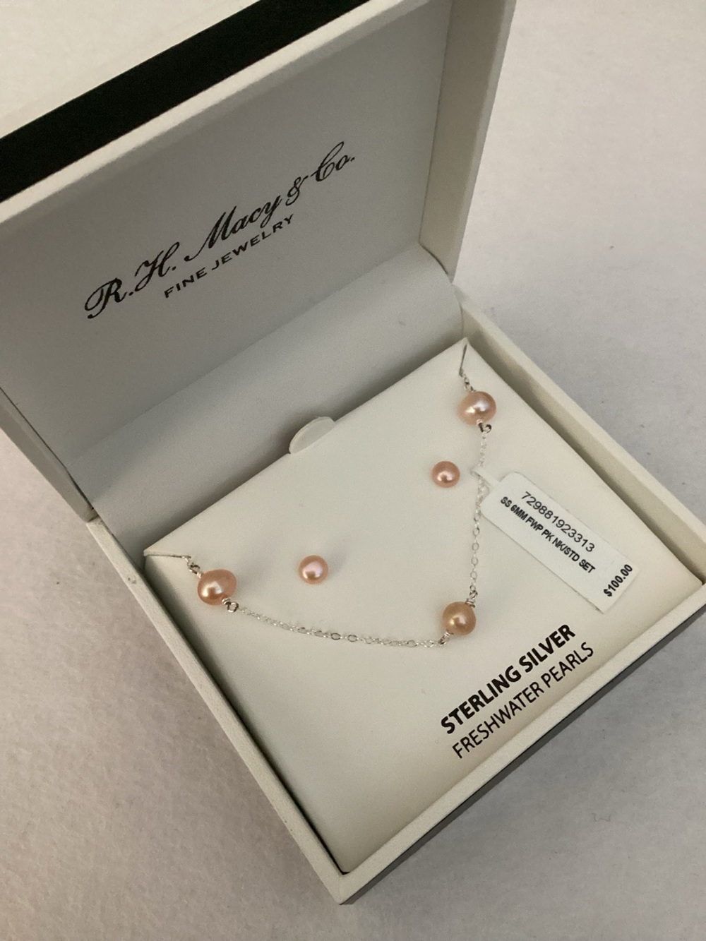 RH Macys Sterling Silver Pink Freshwater Pearl Necklace & Earrings Set